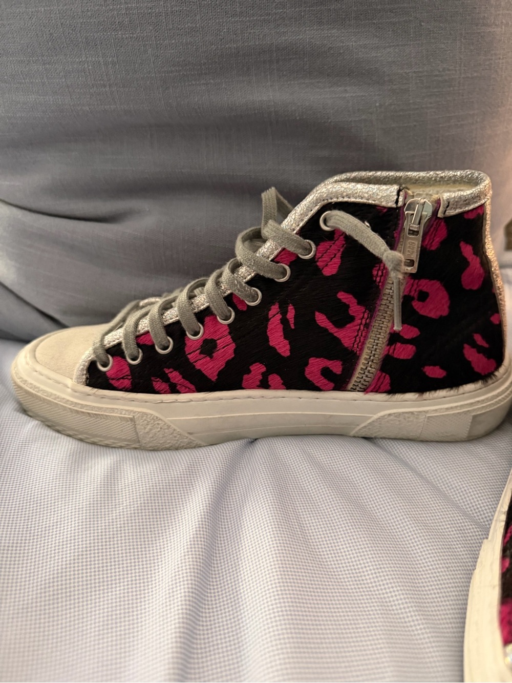 Metallic Trim High-Top Sneaker with Pink Leopard Suede Print